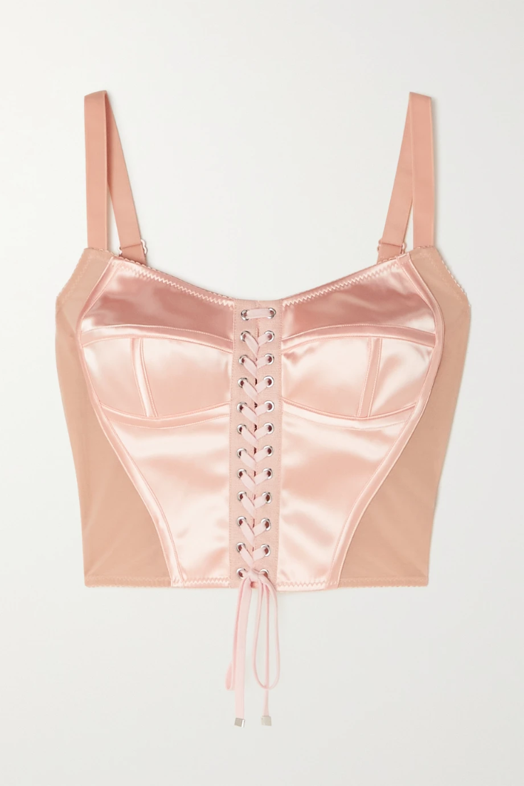 돌체앤가바나 DOLCE&amp;GABBANA Lace-up satin and mesh bustier top 25185454455964137