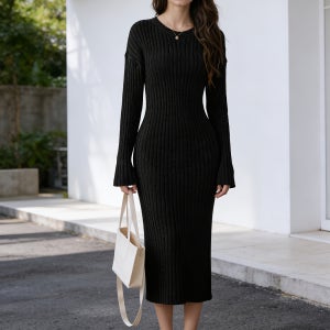 [XS-L 출퇴근 다용도 스타일] 새로운 가을/겨울 슬림핏 드레스, 세로 , 긴소매, 라운드넥, 미디 길이. 업무 및 데이트를 위한 우아하고 성숙한 스타일