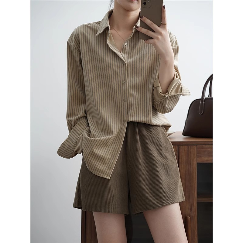해피유통여성 여름 스트라이프 루즈핏 긴팔 블라우스 심플한 카라 디자인K03  XL  갈색  XL