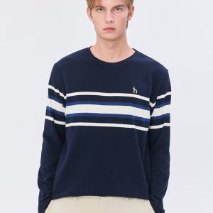 [헤지스 남성] [반값세일][스테디셀러] 네이비 라인배색 면 긴팔티셔츠 WHTS4C343N2