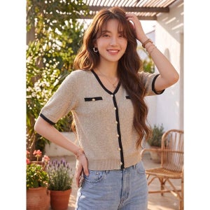 [자주]  오트밀 여 배색 반팔 가디건 J112404001
