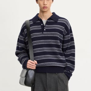 [티엔지티] Stripe Oversized Polo Knit (Navy) TNSW5F112N2