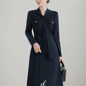모에린 타이넥 레이스 진주 플레어 원피스