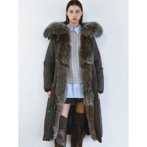 HACIE FOX FUR TRIM GOOSE DOWN LONG PARKA [BLUE GREY][CHARCOAL]