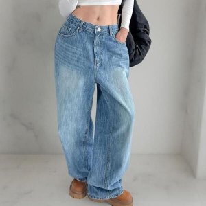 [옷자락] 여성 로우라이즈 맥시 와이드 워싱 연청 가을 청바지