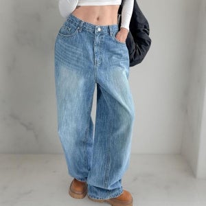 [옷자락] 여성 로우라이즈 맥시 와이드 워싱 연청 가을 청바지