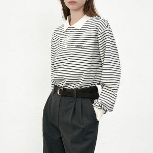[던스트] UNISEX MULTI STRIPE COLLARED T-SHIRT [IVORY PIQUE STRIPE]