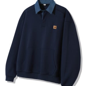 [트릴리온] (기모추가) 레더 패치 데님 카라 럭비 맨투맨_네이비 TRFSH17NV