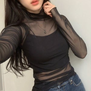 내일도착 긴소매티셔츠 -3kg 살빠져보이는 여유있는 시스루 망사 폴라티 2color