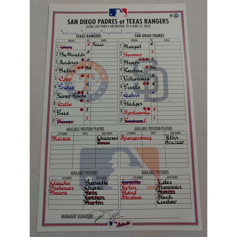 추신수 2018년 6월 27일 텍사스 레인저스 샌디에고 파드레스 실제 경기 라인업 카드 메이저리그 MLB 공인 인증 홀로그램  1개