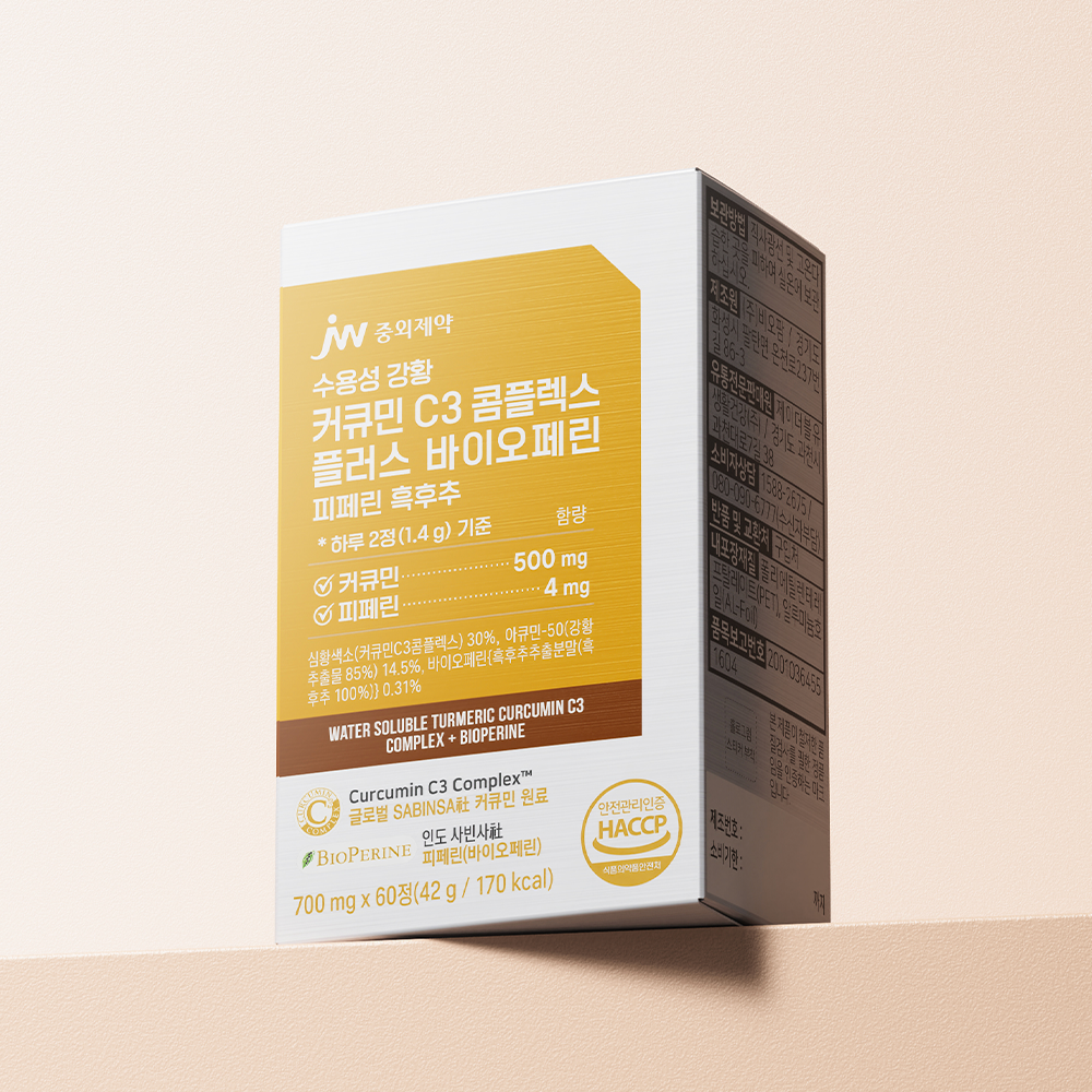 비오팜 JW중외제약 수용성 강황 커큐민 C3 콤플렉스 플러스 바이오페린 <b>피페린</b> 흑후추 700mg x 60정, 1개