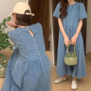 [로디] [오늘출발] 라운드 반팔 데님 원피스 데이트룩