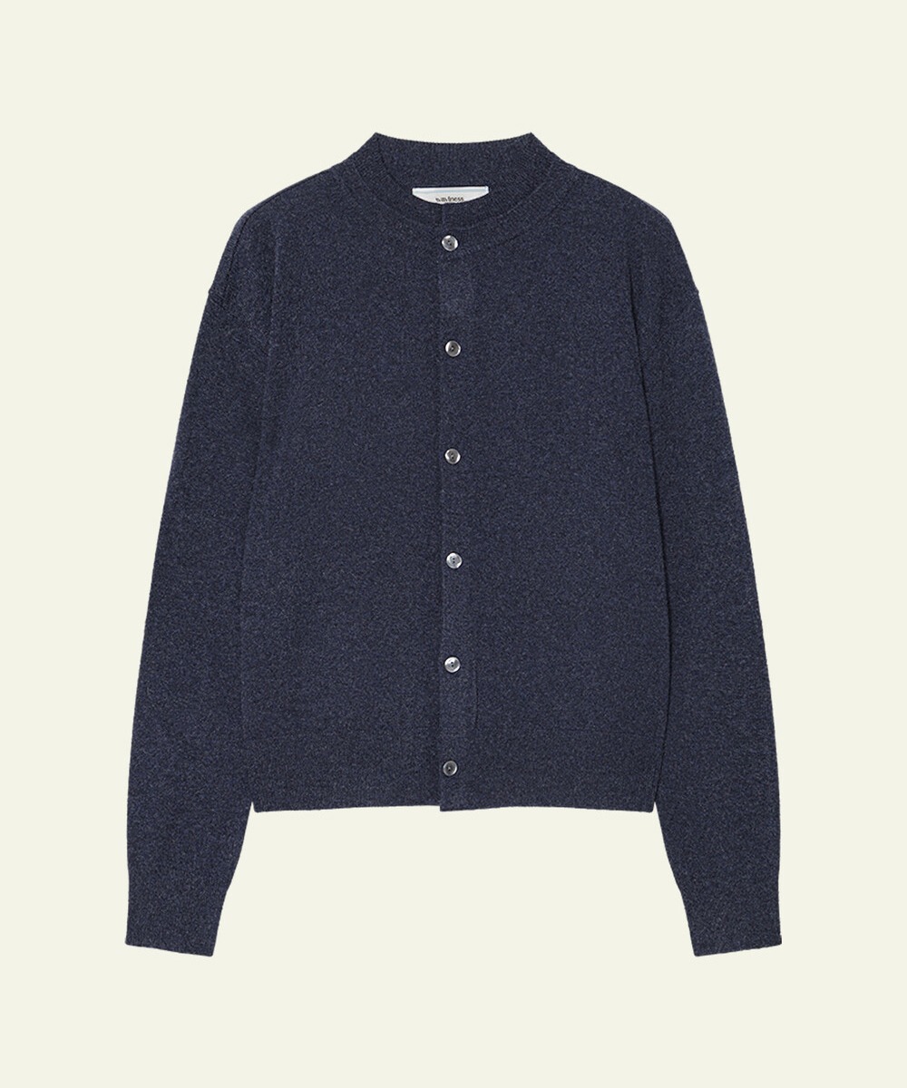 웨이비니스,Double Frame Round Neck Cardigan - Navy