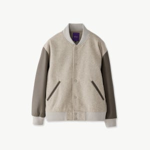 [에스티코] 레더 소매 바시티 점퍼 베이지 (세미오버핏)