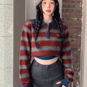 여성용 컬러블록 스트라이프 카라 레터 패치 크롭 캐주얼 니트 스웨터