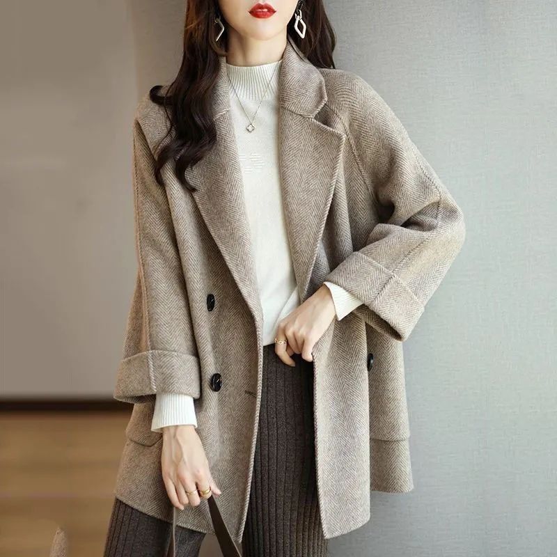 여자 여성 추동 헤링본 패턴 더블 버튼 단추 미디 룽 모직 울 코트 자켓 점퍼 잠바 빅사이즈  갈색  M