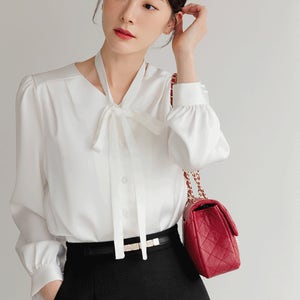 [오피스룩/광택감]리아몬드 타이넥 새틴 블라우스