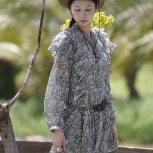 [솔레비아] SOLÉVIA 에스닉 패턴 프릴 캉캉 미니원피스 하이엔드 유니크_그린 25FECNDR_GN