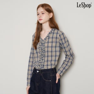 르샵 빈티지 프릴 포인트 체크 패턴 긴팔 블라우스 (DP3BA060A)