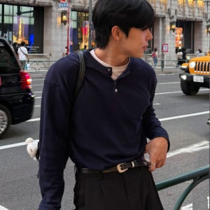 [르아르] 와플 헨리넥 롱 슬리브 티셔츠 [딥네이비] L25SPTS00109