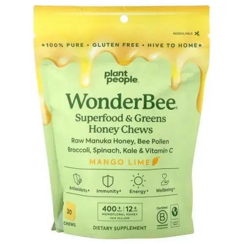Plant People, WonderBee , Superfood Greens Honey Chews, Mango Lime, 30 Chews
