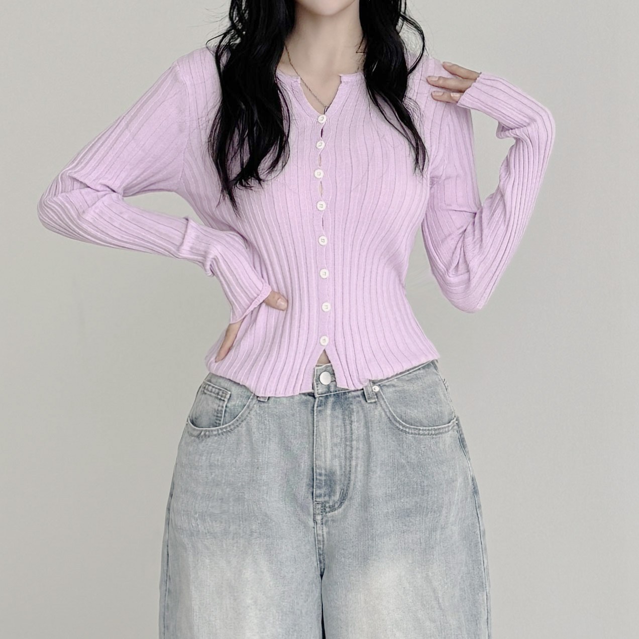 [말라핏/파스텔색감] 릴리 브이 슬릿 골지 슬림 라인 버튼 가디건  라벤더  Free