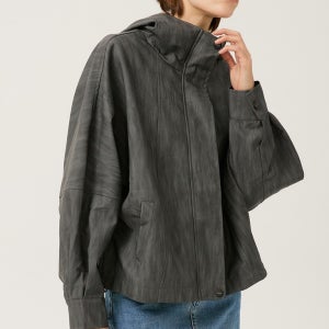 후드 하이넥 워싱 레더 자켓-B1F35LJK510