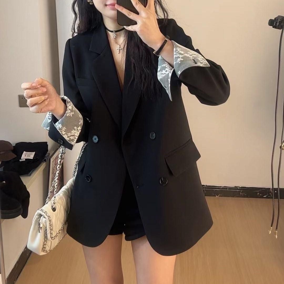 Skyciky 여성 블랙 더블 버튼 테일러드 자켓 여유로운 핏 가을 겨울 시즌 데일리 블레이저 JY-736 검정 L
