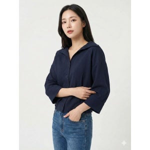 [씨]  네이비 오픈카라 버튼업 크롭 블라우스 SHBAH2404
