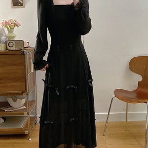 블랙원피스 스퀘어넥 리본디테일 쉬바나원피스