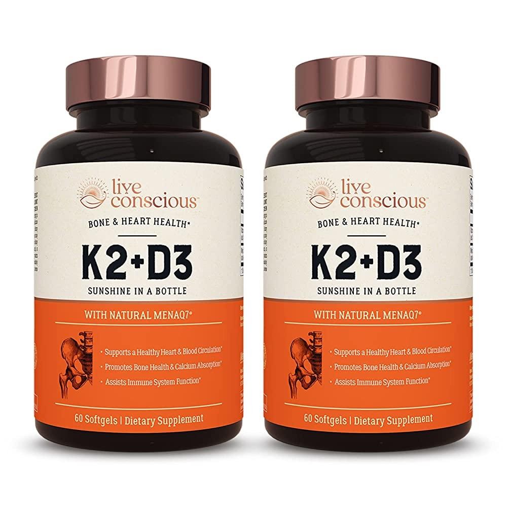 <b>Live Conscious</b> LiveWell <b>비타민 K</b>2 MK7 D3 보충제 포함 뼈 및 심장 건강 지원 - 특허받은 <b>비타민 K</b> 및 <b>비타민</b> D3 5000 IU  2개  60정