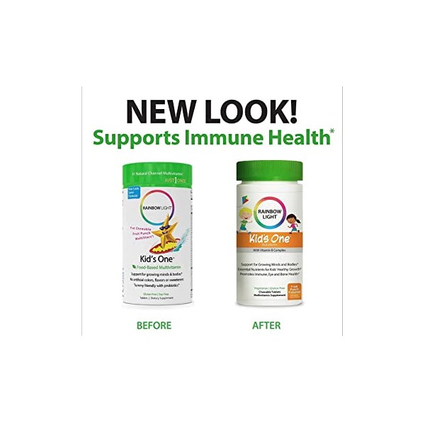 Rainbow Light Kids One 식품 기반 종합 비타민 (2팩 90) - <b>씹을 수 있는 프로바이오틱</b> 비타민 및 미네랄 보충제가 두뇌 뼈 심장 눈과 나를 지원합니다  2개