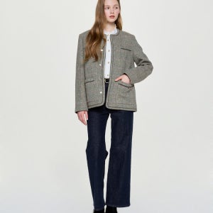 [헤지스 여성] 라운드넥 체크 트위드 자켓 라이트카키 HSJA5D901K1