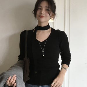 [몽돌] [머플러 SET] 브이넥 슬림 골지 니트 탑 MDKT122_6 Colors MDKT122