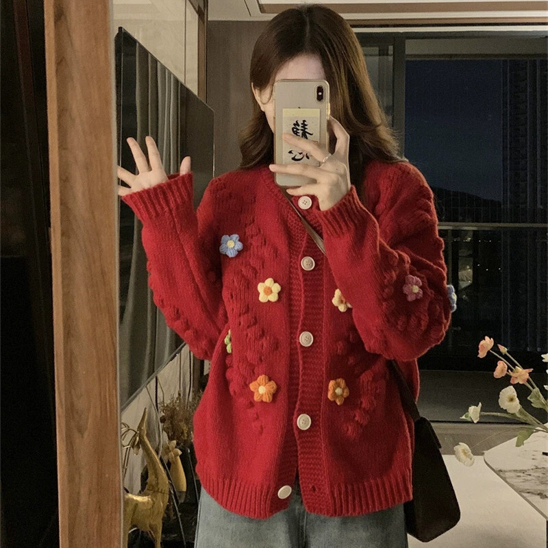 크로셰가디건 레드 블루 플로럴 꽃무늬 자수 데일리 여성 긴팔 니트 로브 빅사이즈 루즈핏 라운드넥 크롭