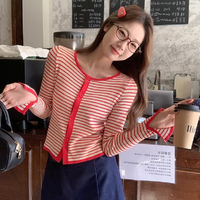 SHENGBIN 여성 슬림핏 레이스 소매 앤 스트라이프 골지 가디건 빨간색과흰색줄무늬 S