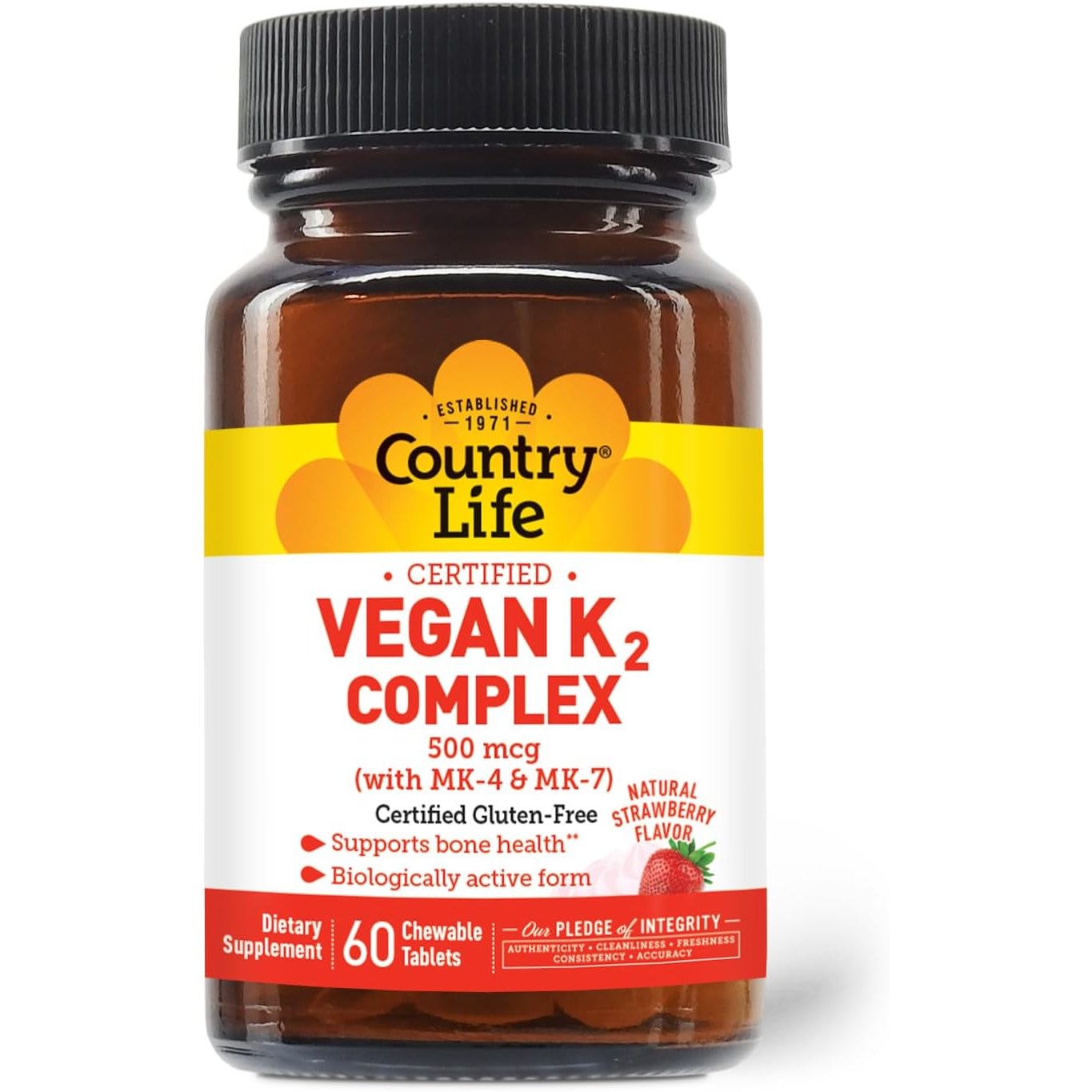 <b>컨트리라이프 비타민K2</b>-500mcg MK-4 &amp;MK-7 스트로베리맛 60타블렛  1개  60정