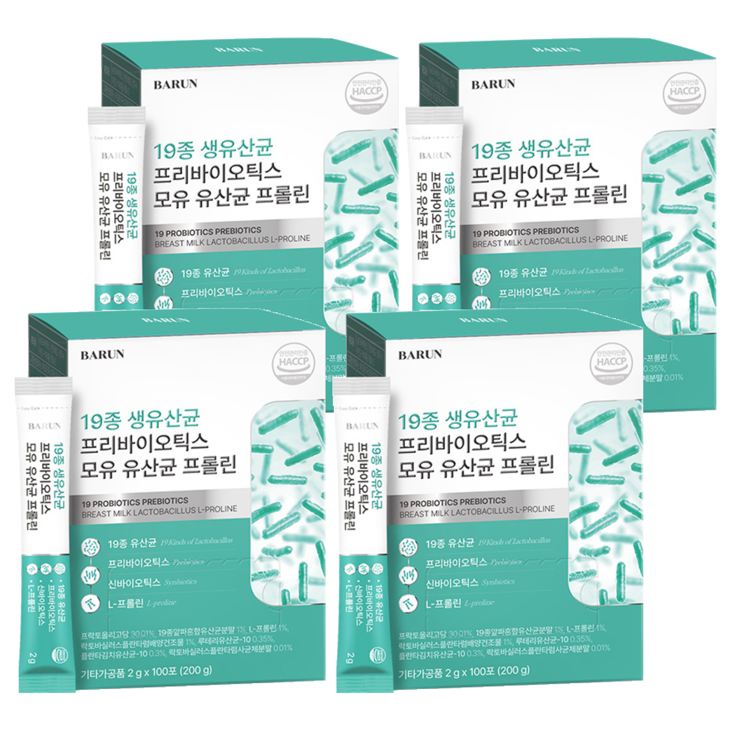 바른 19종 생유산균 프리바이오틱스 모유 유산균 프롤린 30p 200g, 4개