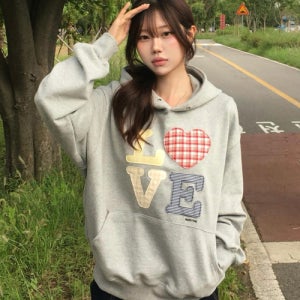 [밈더워드로브] 헬로 월드 패치워크 LOVE 후드티_그레이 MW252HD3GR