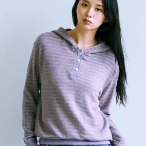 키지코 Ke302-Striped Knit Hoodie Purple