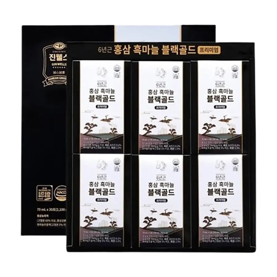 <b>진웰스</b> 6년근 <b>흑마늘 블랙골드 70ml</b> x 30포 + 쇼핑백세트