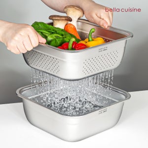 벨라쿠진 무연마제 4L 스텐 304 사각 믹싱볼 채반 2종 세트 세척볼 설거지통 밀폐용기