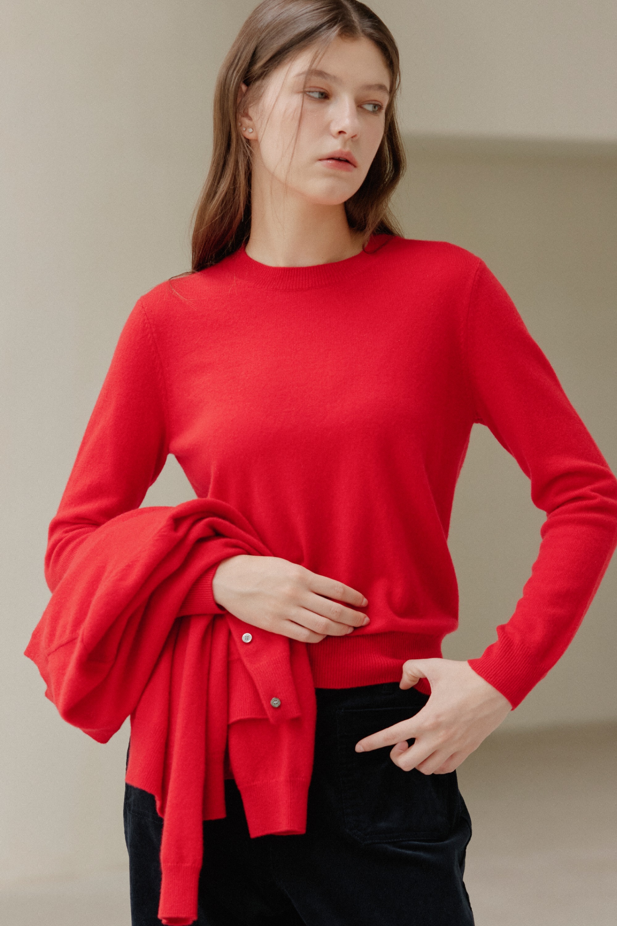 [주느세콰] [100  Cashmere]  시그니처 크루넥 캐시미어 풀오버  레드 - 레드