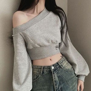 [하프클럽]원오프숄더 스웨트베스트 크롭긴팔티