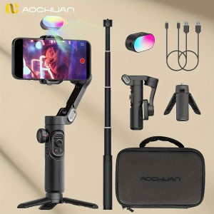 AOCHUAN 스마트폰 짐벌 스태빌라이저 세트 삼축 접이식 RGB 채광 텔레스코픽 연장봉 보관 가방 제스처 컨트롤 지능형 안티쉐이크 얼굴 추적 15 Pro Max 및 기타 촬영