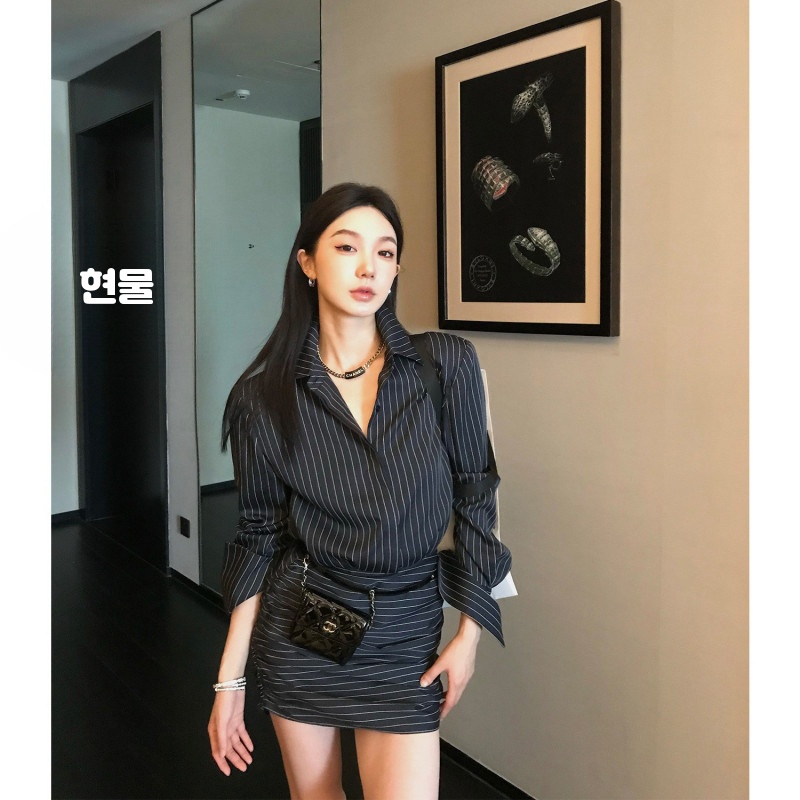 네이비 스트라이프 블라우스 카라 셔츠 원피스 미니 슬림 가을 원피스