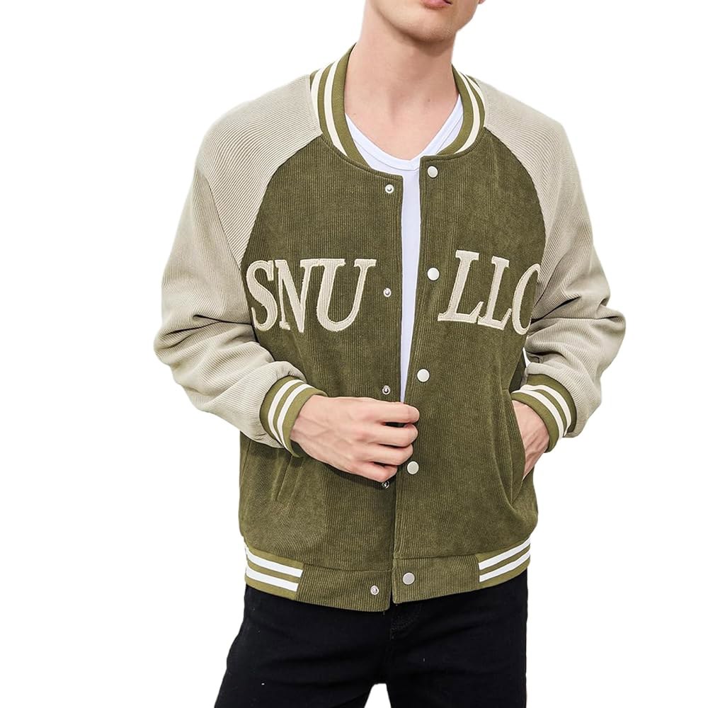 스눌로 남성 바시티 재킷 캐주얼 야구 봄버 버클 스타일 릴렉스 핏 Green Small