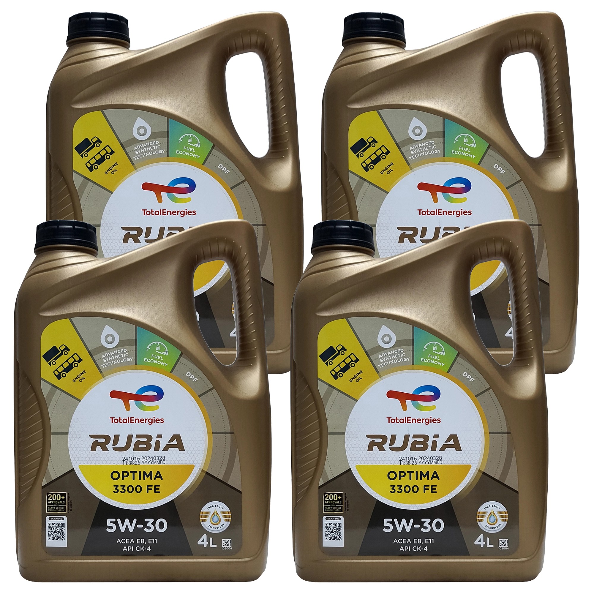 <b>토탈</b> 루비아 옵티마 3300 FE 5W30 4L x 4개 1박스 16L CK-4 E8 상용차 100% 합성 연비절감형 장수명 디젤 엔진오일 (10W40 대체시 연비개선)