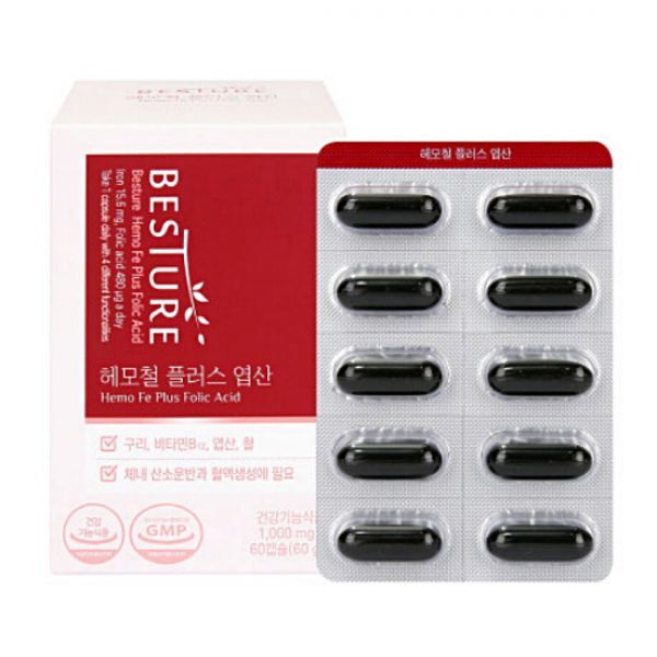 <b>헬스밸런스</b> 베스처 헤모철 플러스 <b>엽산</b> 60캡슐(고급 <b>엽산</b> 영양제)1상자