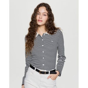 [헤지스레이디스] 25FW 펀칭 스트라이프 풀오픈 긴팔 폴로 가디건 블랙 HSTS5D812BK